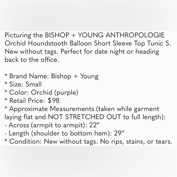 Bishop + YOUNG ANTHROPOLOGIE Orchid Houndstooth Balloon Short Sleeve Tunic Small - Picture 14 of 14